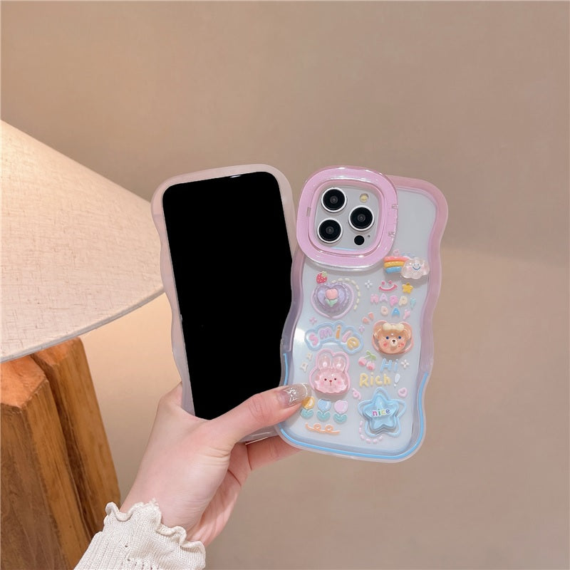 3D Cute Creative Bear Flower Cartoon Rabbit Star Floral Decor Wave Curly Invisible Double Phone Stand Holder